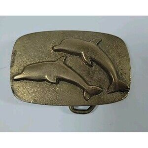 Vtg Dolphin Brass Metal Belt Buckle Well-Made Heavy